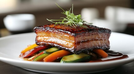 Poster - A slow-cooked pork belly presented with a glossy glaze, resting on a bed of sauted vegetables and drizzled with sauce for a gourmet touch.