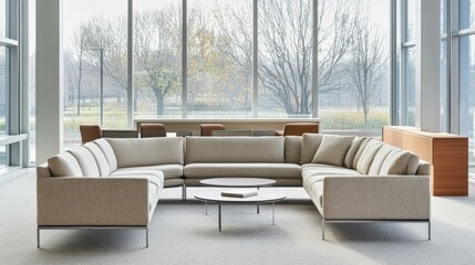 Leinwandbilder - A sophisticated sectional sofa in a contemporary office setting, surrounded by sleek furniture and modern decor, emphasizing a stylish work environment.