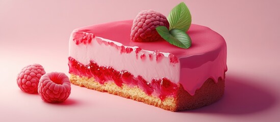 Poster - Raspberry cheesecake slice with pink glossy topping and mint leaves on top against a pastel pink background with fresh raspberries on the side.
