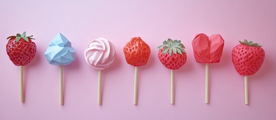 Poster - Colorful origami creations resembling strawberries, cotton candy, and hearts on wooden sticks arranged in a row against a soft pink background.