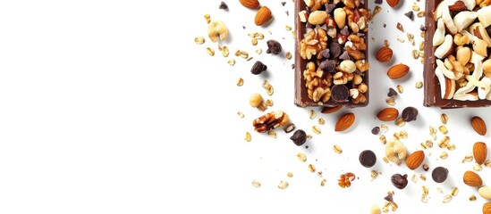 Poster - Muesli bars with mixed nuts and dark chocolate on white background with space for text positioned at the top right and scattered nuts below
