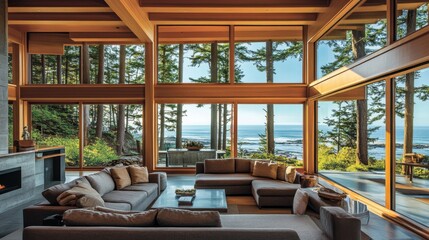 Aufkleber - A spacious living room with floor-to-ceiling windows, showcasing panoramic views and a contemporary design, inviting the outdoors in.