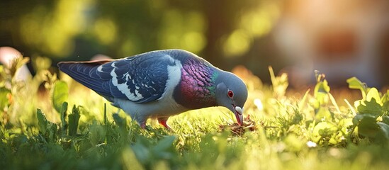 Poster - Pigeon foraging in lush green grass highlighted by warm sunlight with vibrant blue and gray feathers prominently displayed as it pecks the ground.