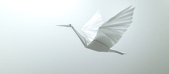 Leinwandbilder - Elegant white origami crane in mid-flight against a soft gray background, wings spread widely capturing grace and delicacy of paper art.