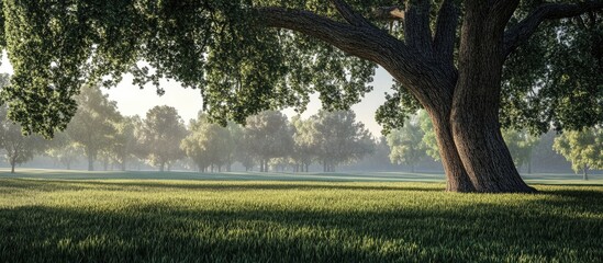 Fototapete - Lush green park with a large tree in the foreground, fresh grass field illuminated by soft morning light, vibrant foliage in the background.