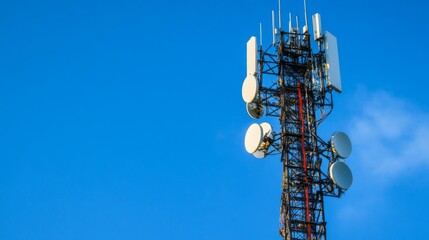 Aufkleber - A striking image of a tall cell phone tower against a clear blue sky, with antennas and satellite dishes prominently displayed, representing modern communication technology.
