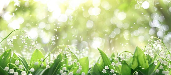 Aufkleber - Delicate white lilies of the valley bloom amidst vibrant green leaves under soft sunlight creating a serene background with bokeh effects.