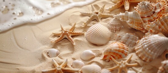 Poster - Seashells and starfish arranged on sandy shore with gentle wave at bottom creating soft natural backdrop for text or design.