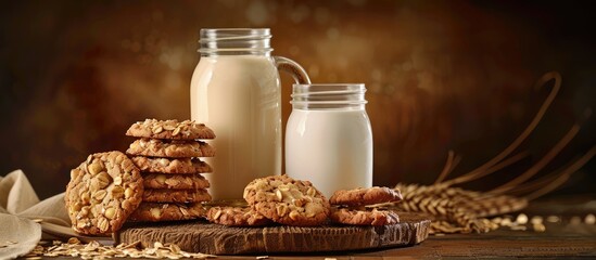 Poster - Oatmeal cookies stacked beside two milk jars on a rustic wooden table with a warm brown background and space for text on the right