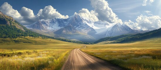 Poster - Serene winding road through golden fields leading to majestic snow-capped mountains under a bright blue sky with fluffy white clouds.