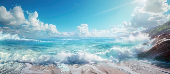 Poster - Serene beach scene featuring turquoise waves crashing onto a sandy shore under a vibrant blue sky with fluffy clouds and soft sunlight.
