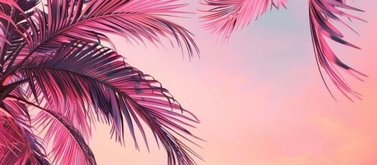 Leinwandbilder - Evening sky gradient in soft pink hues with palm leaves framing the image from the bottom left creating serene copy space.