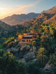 Leinwandbilder - Serene mountain retreat surrounded by lush greenery and palm trees at sunset. Generative AI