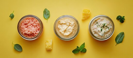 Aufkleber - Colorful pet food mousse in silver jars on a bright yellow backdrop, showcasing pink, yellow, and white textures surrounded by fresh herbs.