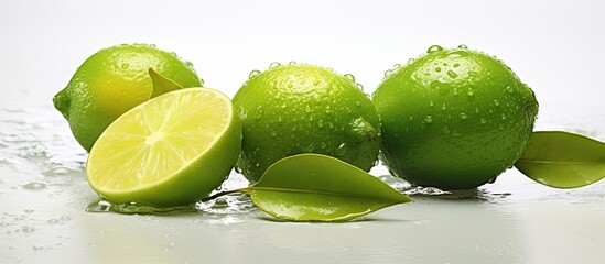 Aufkleber - Fresh green limes with water droplets and leaves arranged on a bright surface, highlighting the vibrant color and texture of the fruit.