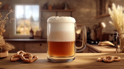 Poster - A traditional beer stein filled with a frothy beverage, placed on a wooden table, with pretzels and beer-related decor in the background.