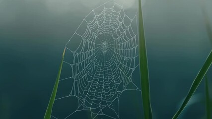 A delicate spider web glistens with dew in the soft morning mist, its intricate design highlighted against a blurred green background.
