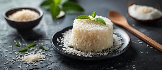 Poster - Sticky rice diamond cake garnished with mint leaves on a black plate surrounded by rice grains and a wooden spoon on dark slate background.