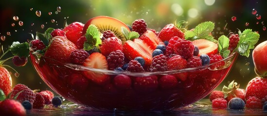 Poster - Vibrant fruit salad with juicy strawberries raspberries and blueberries splashing in a clear bowl surrounded by colorful mint leaves and droplets
