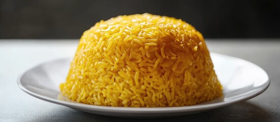 Aufkleber - Golden yellow pilaf served on a white plate, with a slightly domed shape and textured rice, set against a dark blurred background.