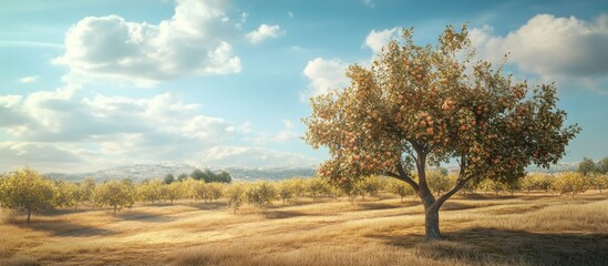 Aufkleber - Sunlit apple orchard landscape featuring a single tree on the right surrounded by golden grass under a bright blue sky with soft clouds.