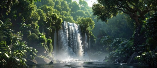 Aufkleber - Serene waterfall cascading down rocky cliffs, framed by vibrant green foliage and mist, offering expansive copy space on the right side.