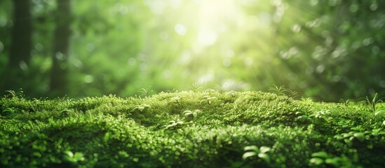 Fototapete - Lush green moss covering a hill under soft sunlight with a blurred forest background offering ample copy space for nature-themed designs
