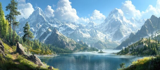 Aufkleber - Scenic mountain landscape with snow-capped peaks and serene blue lake surrounded by lush green trees under bright blue sky with fluffy clouds.