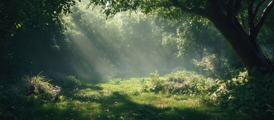 Fototapete - Tranquil forest scene featuring fresh green deciduous trees on the left, soft sunlight filtering through foliage, and a lush grassy clearing.
