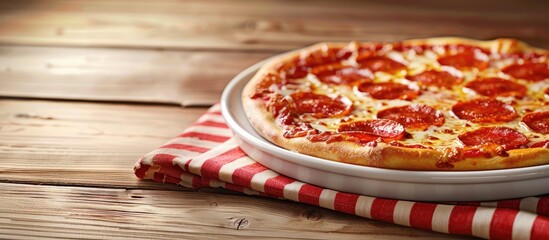 Poster - Delicious pepperoni pizza on a white plate with a red striped napkin on a rustic brown wooden table, left side with generous copy space.