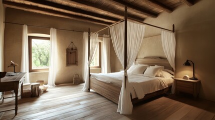 Poster - A wooden four-poster bed with sheer white drapes, set in a rustic bedroom with wooden floors and soft, natural light creating a warm and inviting atmosphere.