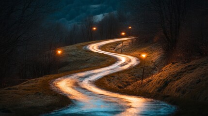 Aufkleber - A winding road in the countryside lit by scattered streetlights, with soft light falling on the trees and grass on a peaceful evening.