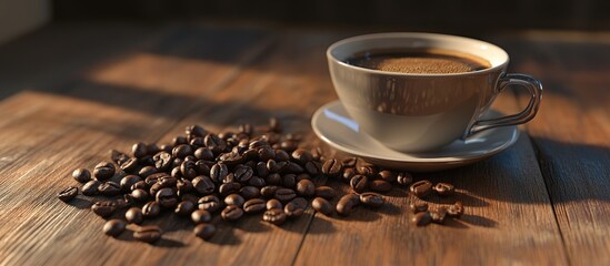 Poster - Close-up view of roasted coffee beans scattered on a wooden surface next to a steaming cup of dark coffee with a light gray saucer in sunlight