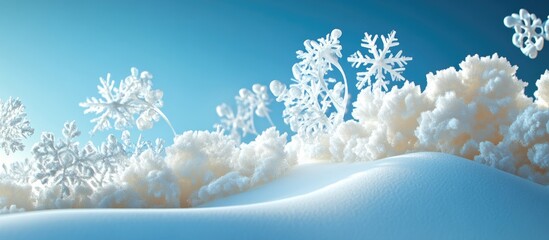 Aufkleber - Winter landscape with soft snow-covered hills in white shades, delicate frost flowers in background against a bright blue sky with soft clouds.