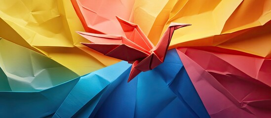 Leinwandbilder - Colorful origami background with vibrant red bird-shaped origami at the center against a layered backdrop of yellow, blue, and orange paper textures.