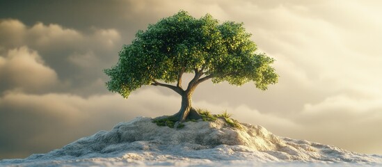 Poster - Lone vibrant green tree atop a textured mound with soft clouds in the background, natural lighting creates a serene atmosphere for design use