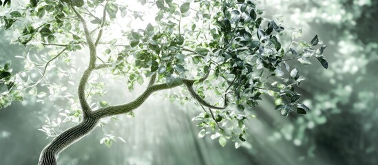 Leinwandbilder - Sunlit green tree with rich foliage on a soft white background, angled branches adorned with leaves, creating a tranquil and refreshing atmosphere.