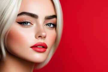 Canvas Print - Platinum blonde model showing red lipstick and eyeliner makeup on red background