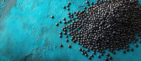 Aufkleber - Raw black lentils scattered across a turquoise and blue textured background, emphasizing the lentils' unique form and color contrast.