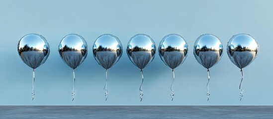 Poster - Shiny metallic balloons with a surreal mirror effect in a row against a light blue background emphasizing uniqueness and contrast with reflections