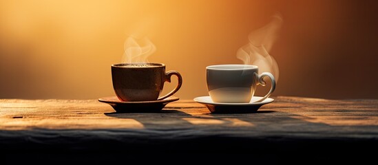 Poster - Morning sunlight casts a warm glow on two steaming coffee cups, one dark brown and one white, placed on a rustic wooden table with ample copy space.