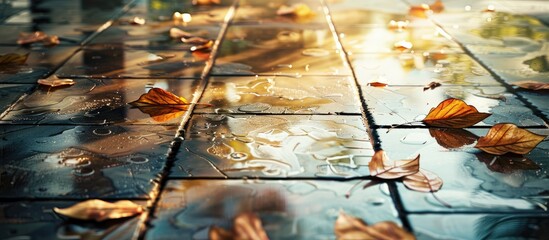 Leinwandbilder - Autumn leaves scattered on wet tiled floor reflecting warm sunlight with vibrant orange and brown colors creating an inviting tranquil atmosphere