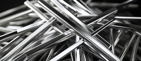 Poster - metallic rods and bars stacked in chaotic arrangement, featuring reflective silver surfaces with a d