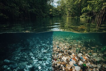 Poster - Contrast between a polluted river and a pristine stream highlights environmental issues and the need for conservation efforts. Generative AI