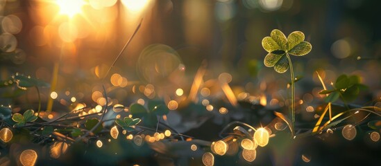 Fototapete - Clover leaves illuminated by warm golden sunlight with lens flare in a softly blurred background showcasing vibrant greens and earthy tones.