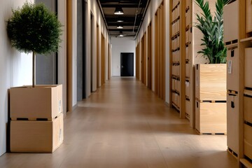 Aufkleber - Empty office corridor with cardboard and wooden boxes and plants is waiting for employees