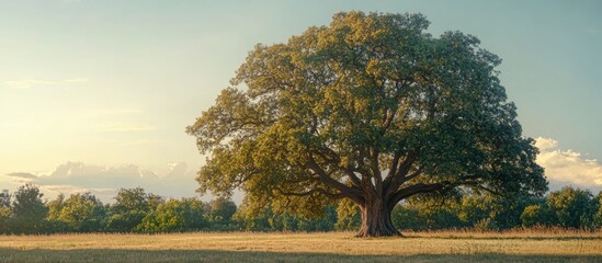 Poster - Lush green linden tree in summer meadow under warm sunset light with expansive crown and thick trunk against serene landscape backdrop
