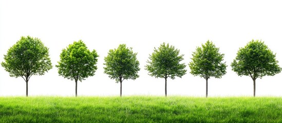 Poster - Lush green treeline with six trees arranged in a row against a white background, vibrant green grass in foreground, clear and bright composition.