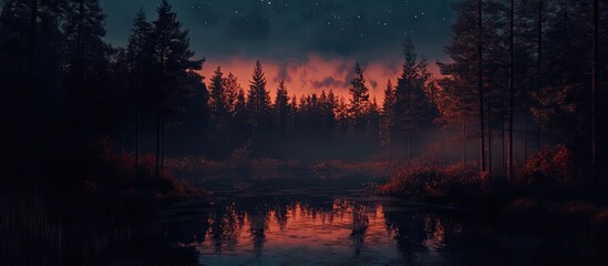 Poster - Autumn forest at night with orange and blue hues reflecting in calm water, tall dark trees in silhouette against a smoky sky.