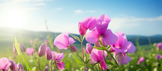 Fototapete - Vibrant Lathyrus vernus flowers in soft focus, clustered in green meadow, under a bright blue sky with sunlight creating a serene atmosphere.